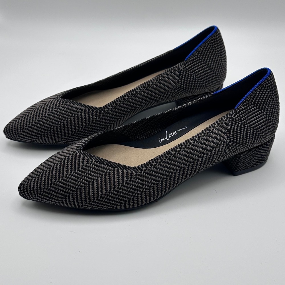 Rothys The Mary Jane Black Herringbone Pointed Toe Block Heel Shoes Womens 6 - Picture 3 of 5
